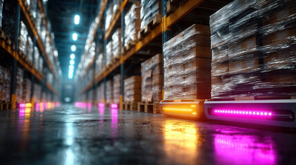 Automated robotic carriers moving goods in a modern warehouse for efficient shipping and distribution