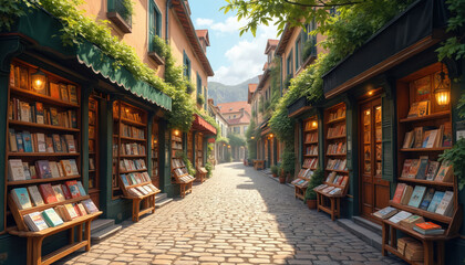 Fototapeta premium Charming vintage European street lined with quaint bookstores. Cobblestone alleyway with old buildings, architecture, ivy-covered facades. Outdoor book displays create inviting atmosphere for