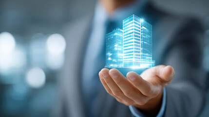 Holographic building model glowing above businessman hand in blurred office background