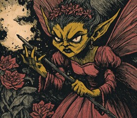 Enchanted Fairy in Dark Garden: An intricately illustrated fairy with a stern expression and a flowing gown stands holding a staff in a moonlit garden with flourishing roses.