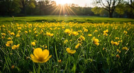 Obraz premium Buttercups in a field at sunrise