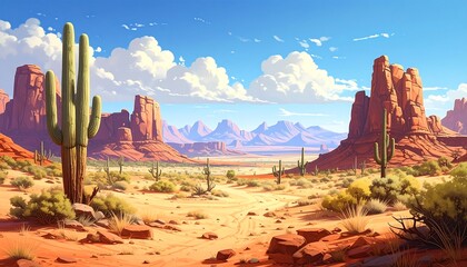 A vibrant desert landscape, featuring towering red rock formations, a large saguaro cactus, and a vast expanse of sandy terrain, bathed in warm sunlight.