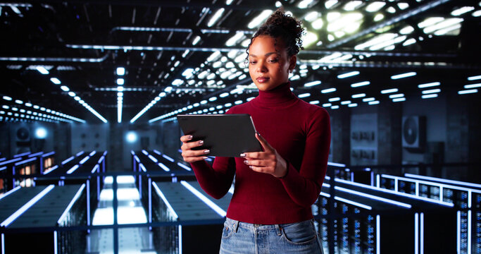 Female Engineer Configures AI Systems