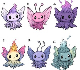Whimsical Creature Collection: An enchanting collection of meticulously crafted, illustrated fairy-like creatures, each bursting with vibrant hues, and displaying unique characteristics.