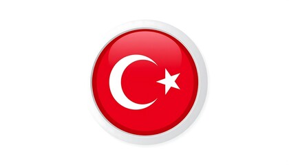 Obraz premium A glossy, round button displays the flag of Turkey, a red circle with a white crescent moon and star.