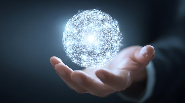 A hand holding a glowing digital globe with circuit patterns, representing technology and innovation