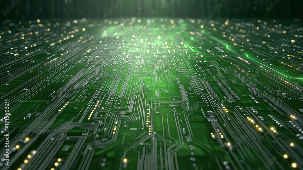 Poster close up view of green circuit board with intricate patterns and glowing lights, showcasing