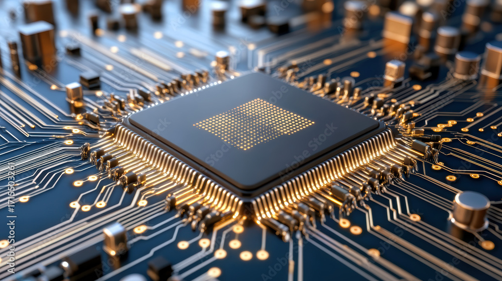 Poster close up of microprocessor on circuit board with intricate details and glowing elements