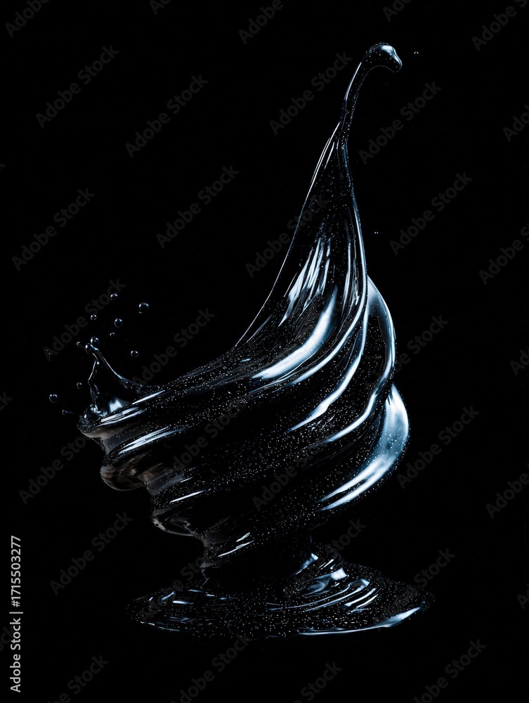 Poster dynamic abstract splash of black liquid with elegant swirling motion and shimme reflections on a dar
