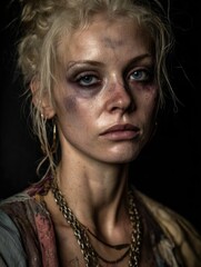 Resilient Stare: A portrait of a woman with bruises and a determined expression, conveying inner strength and resilience against adversity. 