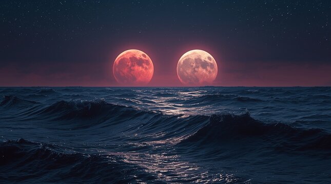 Twin Moons Over the Ocean Horizon