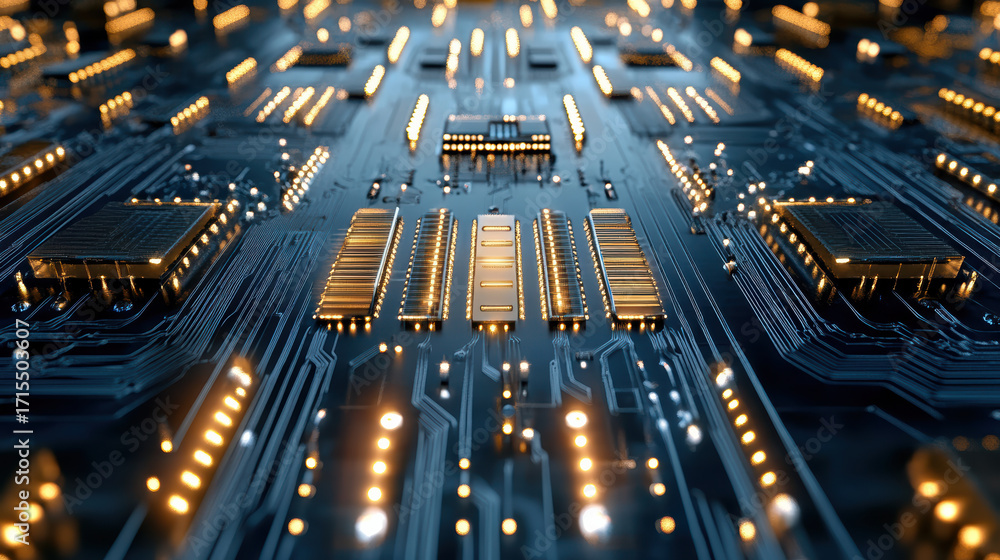 Poster high tech circuit board with glowing components and intricate patterns, showcasing modern
