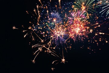 Fototapeta premium Colorful fireworks explode in the night sky, creating vibrant bursts of light and sparks.