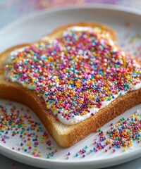 Sweet Toast Delight: A simple yet visually stunning composition of toasted bread slathered with cream and a generous sprinkling of colorful confectionery decorations. Perfectly lit, inviting.