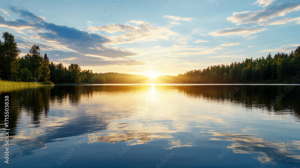 Poster sunrise reflecting on calm lake with trees and clouds in background, creating serene atmosphere