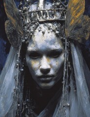 Mystical Maiden: A captivating close-up of a woman, adorned in an elaborate, ethereal crown and delicate face art, her expression exudes a mysterious aura.