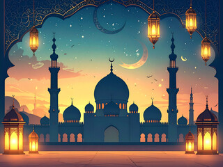 Traditional Islamic decorative design with mosque minarets, lanterns, and arabesque patterns, reflecting faith and culture.