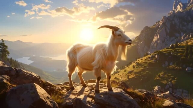 Majestic Goat Standing on Mountain Peak at Sunset