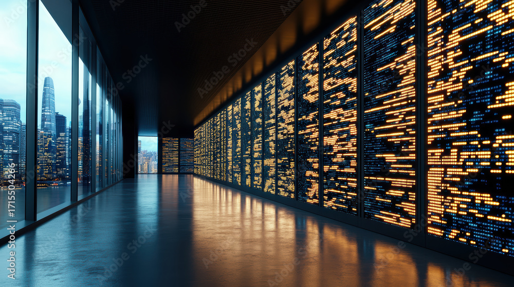 Poster modern data center with illuminated server racks and city skyline view