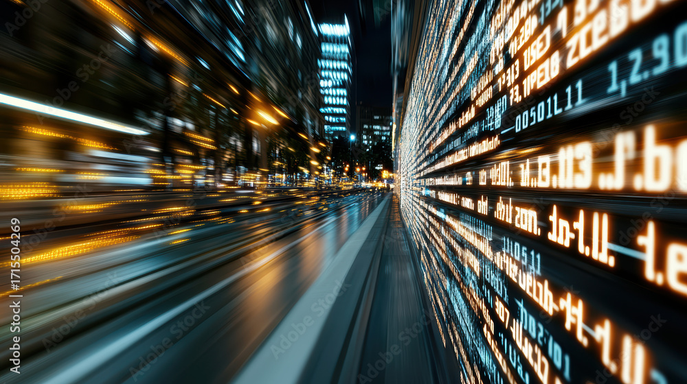 Poster dynamic cityscape with glowing data streams and blurred lights creates futuristic atmosphere