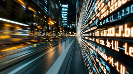 Dynamic cityscape with glowing data streams and blurred lights creates futuristic atmosphere