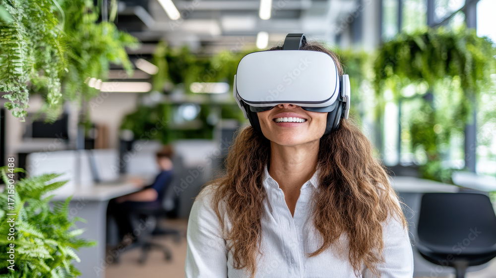 Poster Virtual reality user smiling in modern workspace with greenery