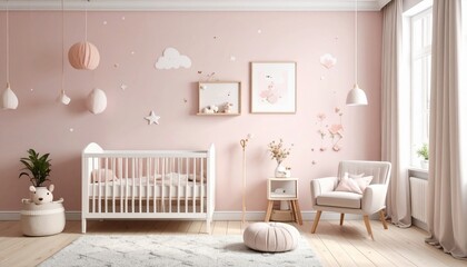 Charming and serene nursery room design featuring a crib and decorative elements