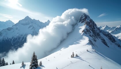 Massive snow avalanche cascades down steep mountain slope under bright blue sky. Jagged rocky peaks and snowy pine trees define the winter landscape. White clouds partially obscure mountain summits.