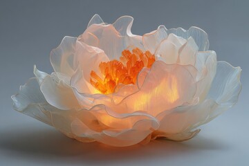 Illuminated translucent sculpted flower, peach and white hues, resembling a peony, with an inner core of warm orange light.  Petals are delicate and softly curved