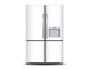 A modern, white refrigerator with a water dispenser, displayed against a pure white background.
