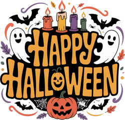 happy halloween, pumpkin, autumn, hat, holiday, witch, vector, illustration, cat, celebration, orange, cartoon, horror, spooky, bat, scary, october, symbol, black, night, ghost, lantern,