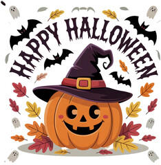 happy halloween, pumpkin, autumn, hat, holiday, witch, vector, illustration, cat, celebration, orange, cartoon, horror, spooky, bat, scary, october, symbol, black, night, ghost, lantern,