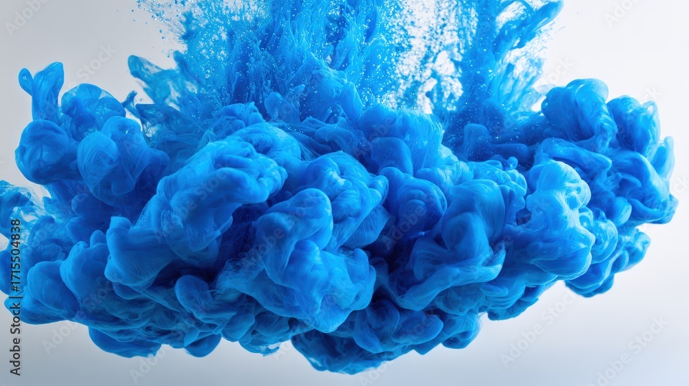 Poster Abstract blue ink splash in water with intricate swirling patterns and vibrant cloud-like formations showcasing fluid dynamics and artistic expression