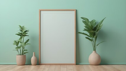 Serene Minimalist Interior Mockup with Blank Wooden Picture Frame and Potted Green Plants on a Pastel Mint Green Wall and Light Wood Floor