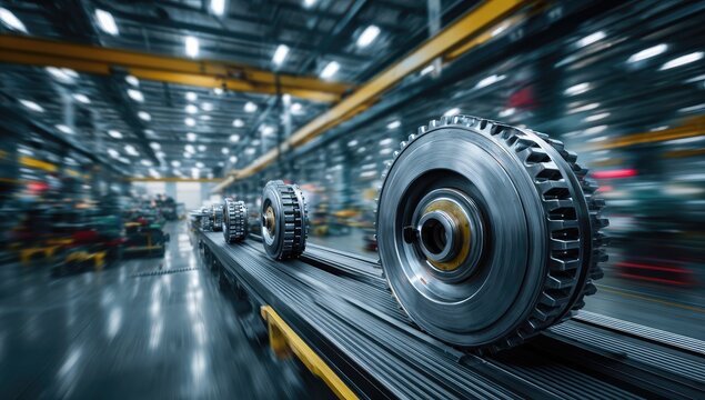 Industrial factory setting with large metallic gears moving on a conveyor belt, showcasing a dynamic production line within a spacious, brightly lit facility