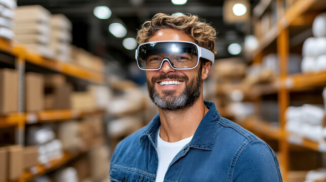 Innovative man wearing augmented reality glasses in warehouse, smiling confidently