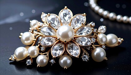 Elegant golden brooch adorned with pearls and sparkling crystals, exquisite luxury design