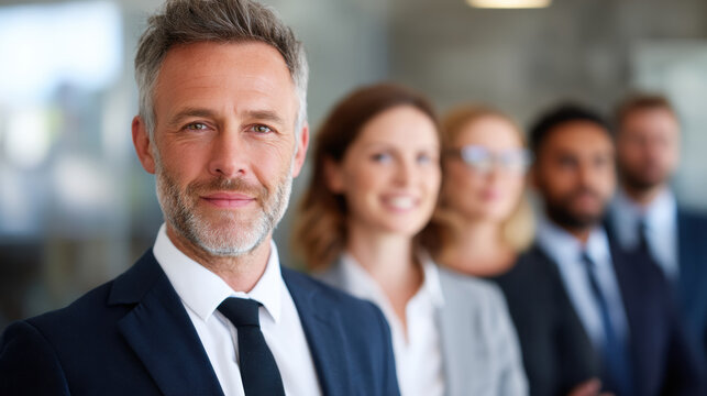 Confident business leader with professional team in office showing success and teamwork