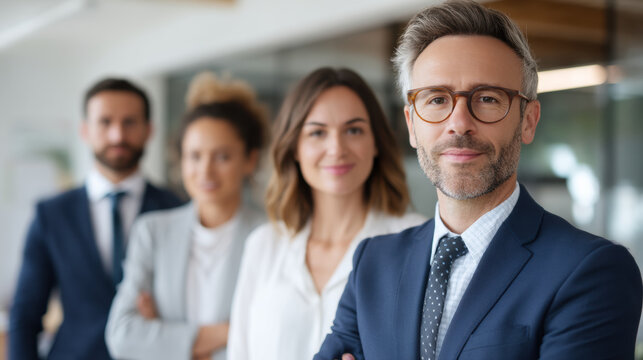 Confident professional business team office with diverse members showing leadership and teamwork