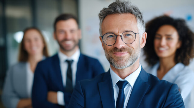 Confident professional business team in office with leader smiling and colleagues standing behind