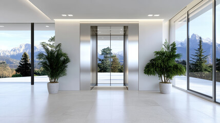 Fototapeta premium Futuristic elevator with transparent walls in modern interior, surrounded by scenic mountains