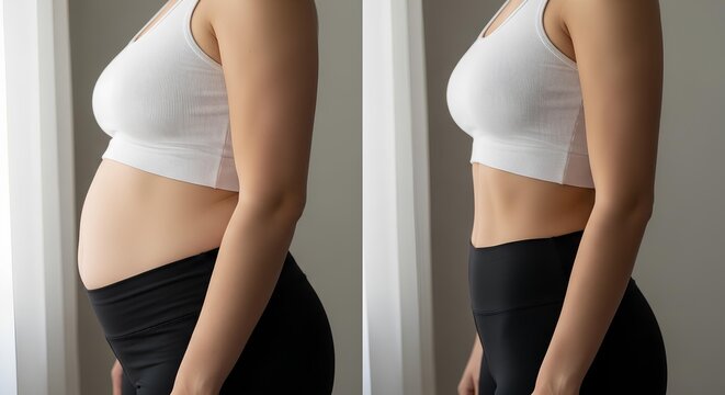 Before and after comparison of a woman's torso, showing bloating and a flatter stomach after a change in diet or lifestyle.