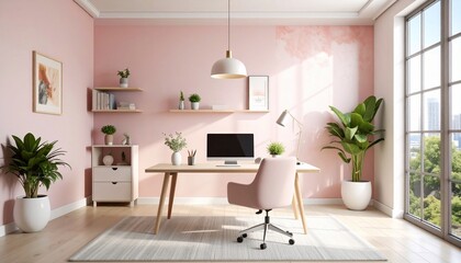 Modern Interior Office with Pink Walls and a Desktop Computer Ready to Use