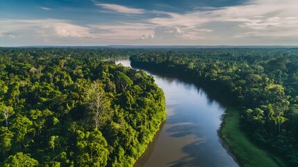 Aerial view of a lush green rainforest with a winding river, under a blue sky with scattered clouds
