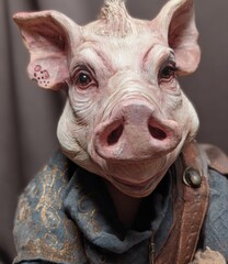Mysterious Pig-like Creature: A close-up shot of a fantastical, humanoid pig creature, with an anthropomorphic expression, in a portrait of a charming aesthetic. 