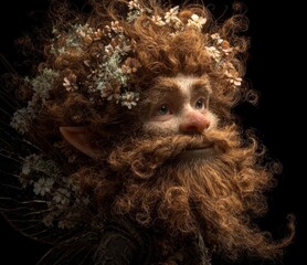 Whispering of the Woods: A whimsical, fairy-like creature with flowing, curly hair adorned with delicate blossoms, captured in a close-up shot with a serene expression, radiating enchantment.