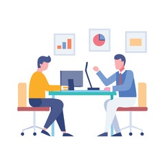 Business partners collaborating at desk discussing strategy with charts in open office setting