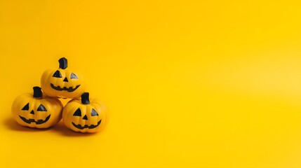 A carved pumpkin with a smiling face on a bright yellow background