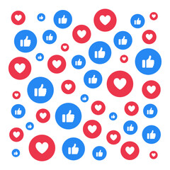 Like and heart colorful social media reaction bubbles. Vector illustration