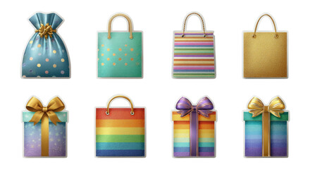 Colorful Gift Bags and Wrapping with Ribbons in Diverse Styles and Patterns